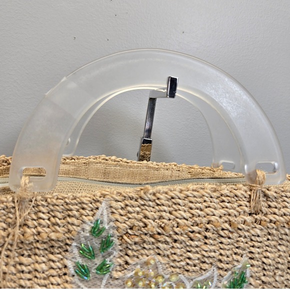 Vintage Timmy Woods Beverly Hills Lucite Top Handel Basket Bag Floral Beaded - Picture 5 of 8